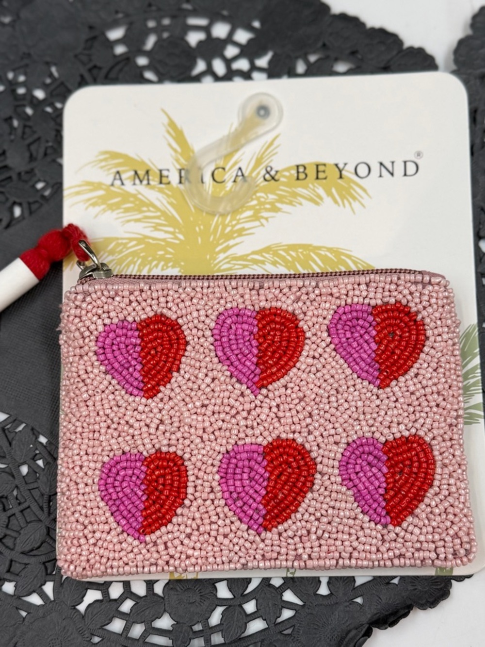 America & Beyond Pink Beaded Heart Card Pouch